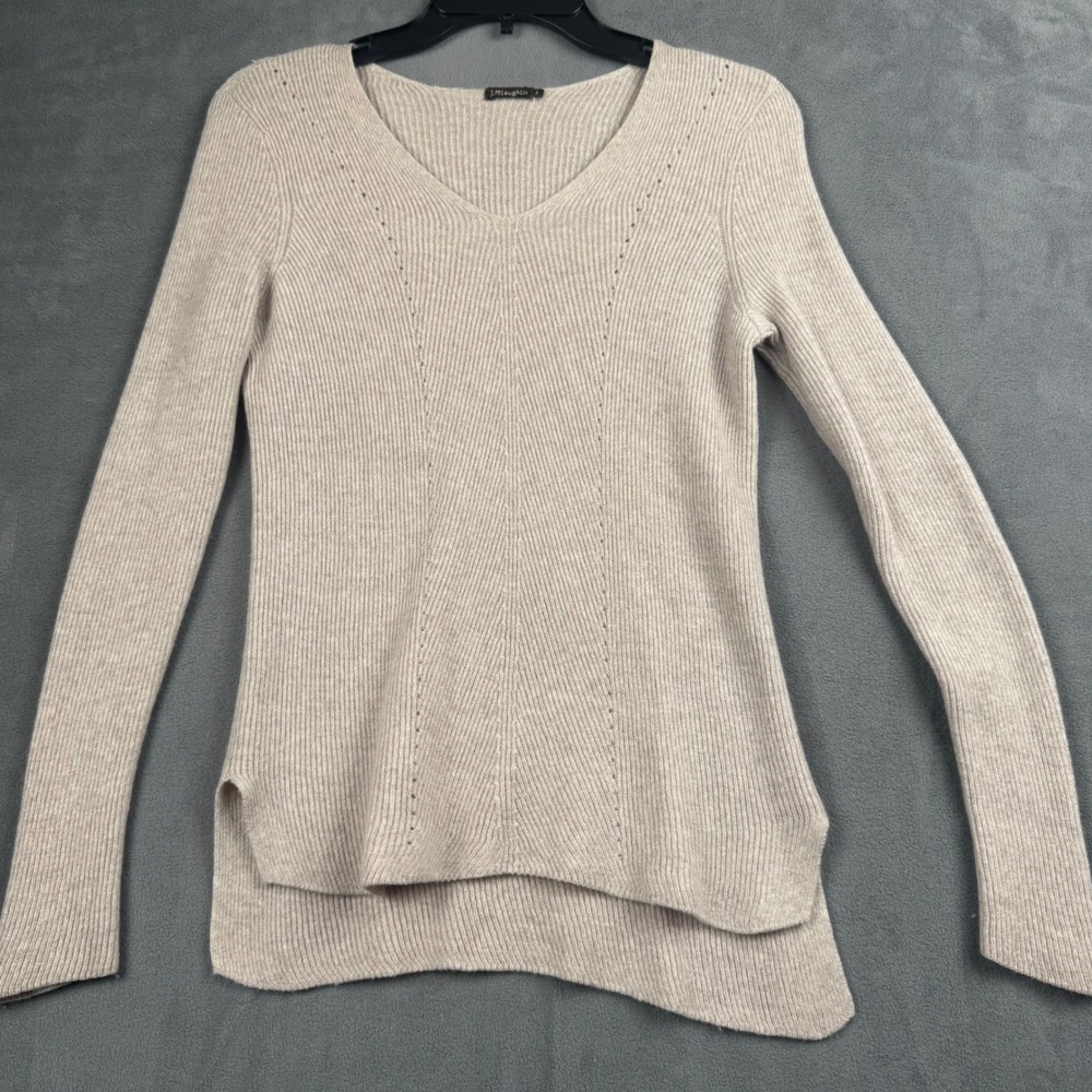 J.McLaughlin Womens Beige 100% Italian Merino Wool Ribbed V-Neck Sweater Small